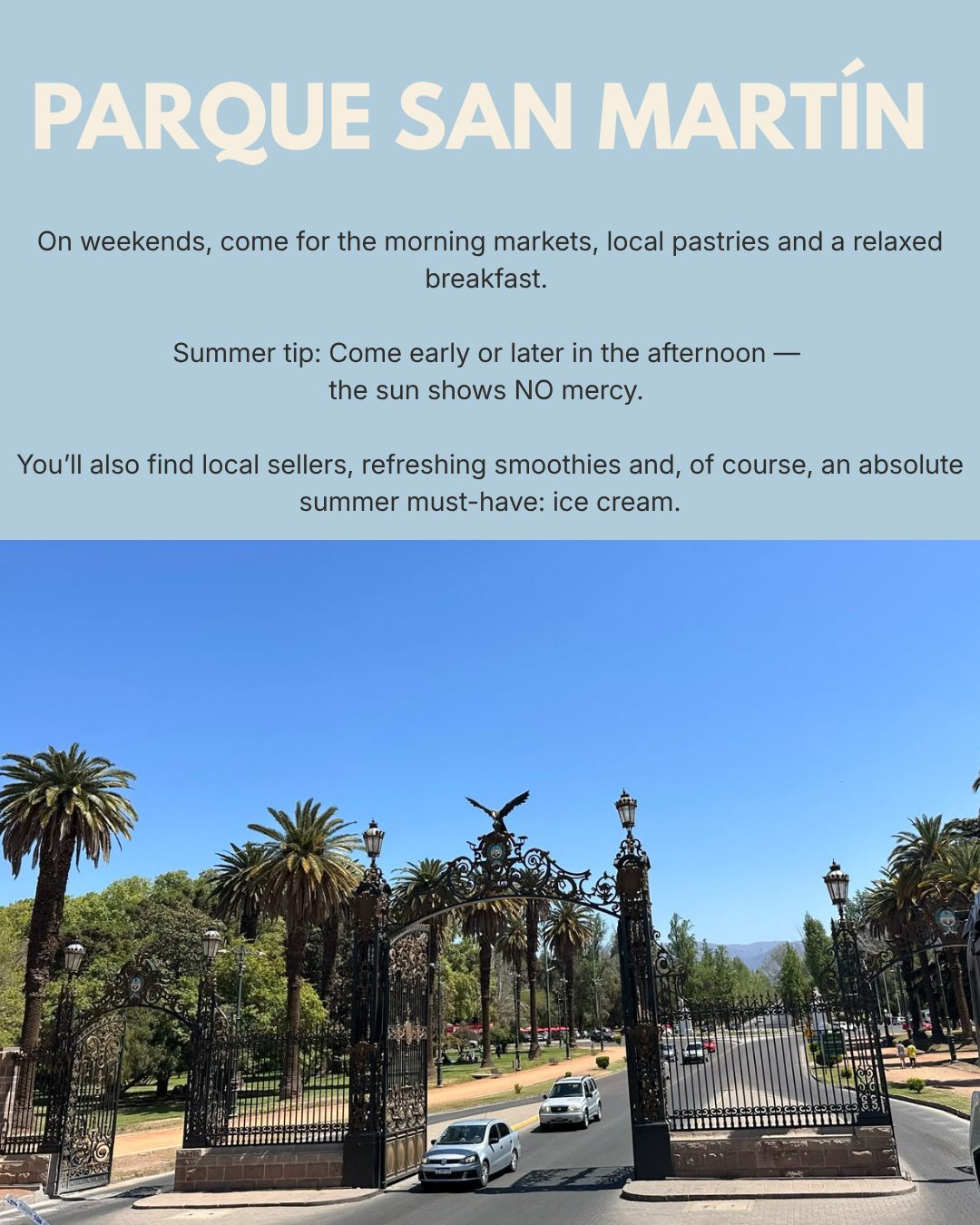 Slide about Parque San Martín, with the ornate black iron gates of the park under a blue sky